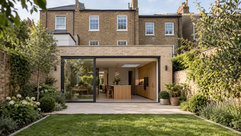 Architectural illustration of a garden-facing house extension; not a completed Griggs & Griggs project
