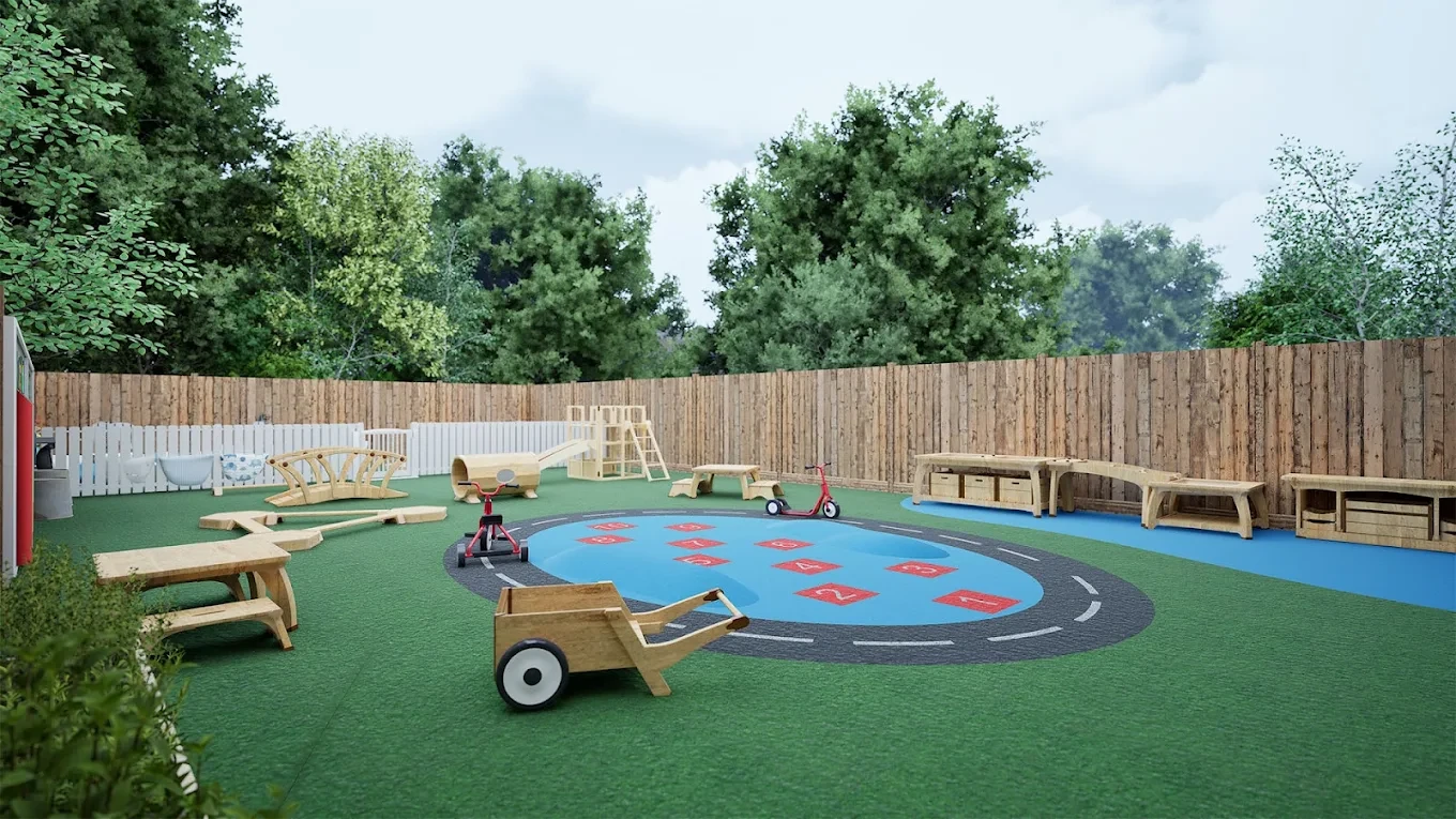 Outdoor nursery play area with a painted activity circle and timber equipment
