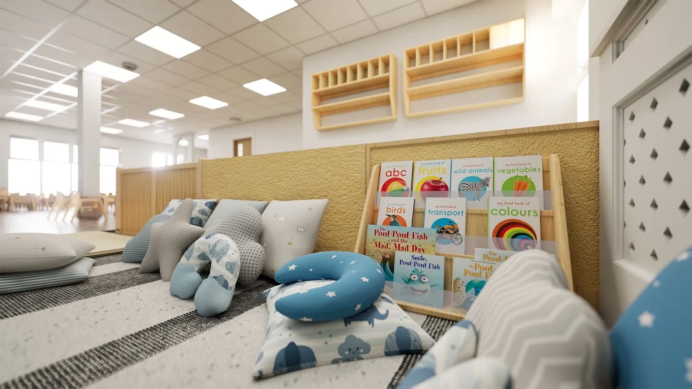 Cushioned nursery reading corner beside low book storage