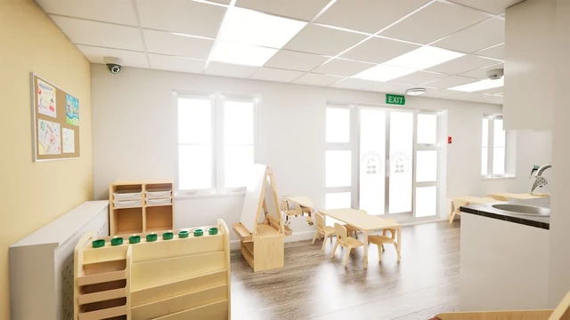 Bright nursery room with low shelving and child-height tables by the windows